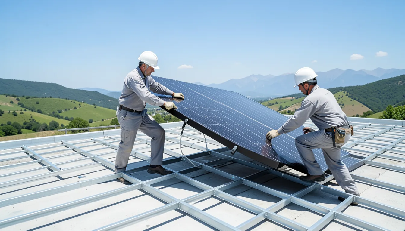 Installers fitting a solar panel on a roof