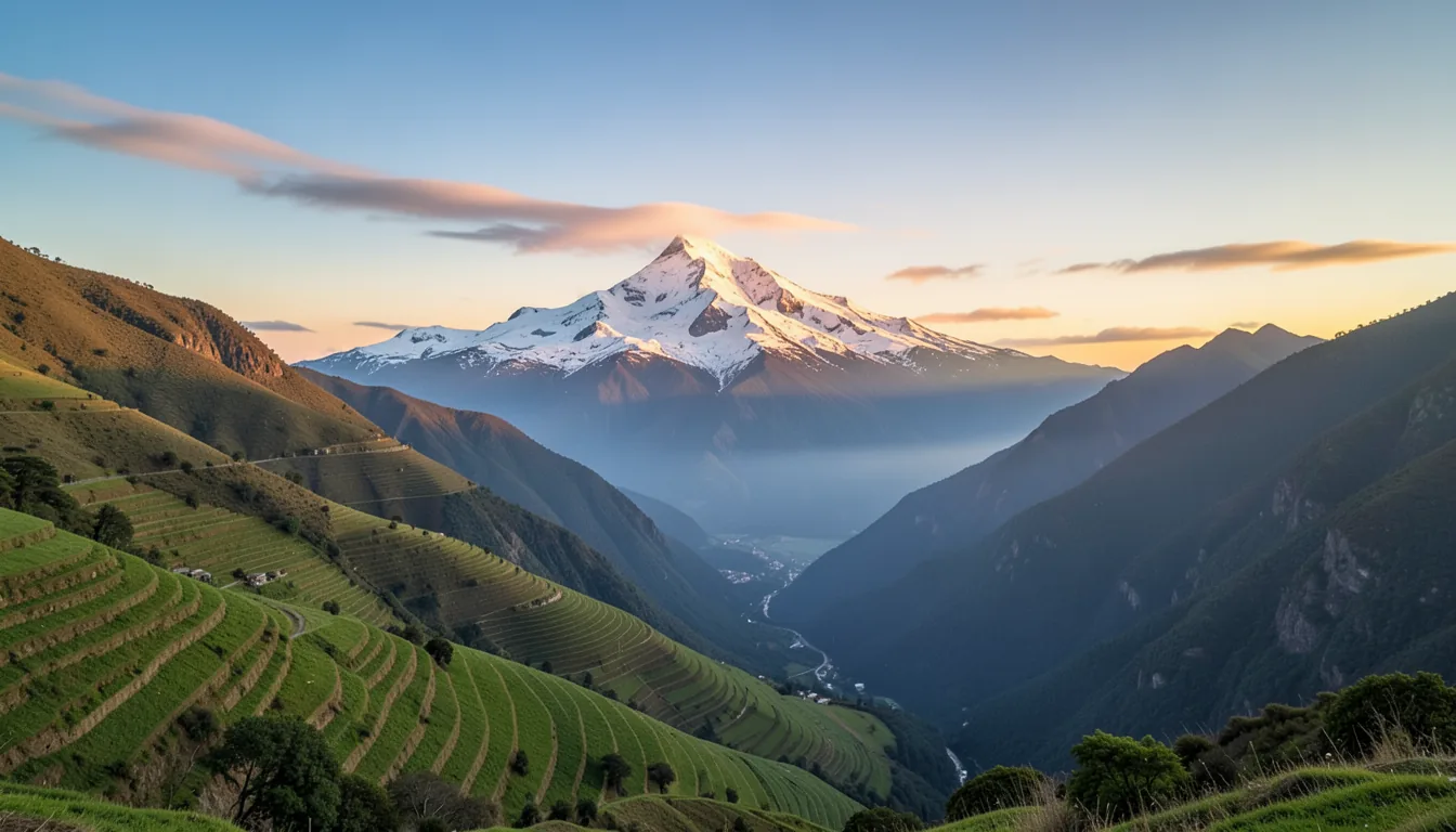 The Andes at golden hour, terraced slopes and a snow capped peak